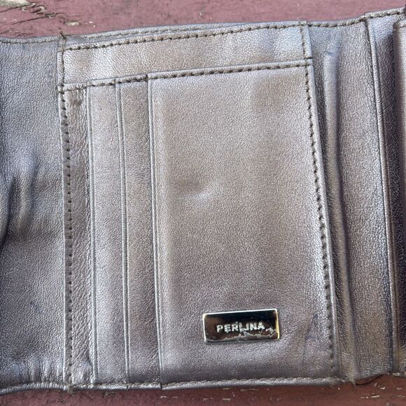 PERLINA Vintage Grey Metallic Leather Wallet Credit Card Holder - Picture 7 of 12
